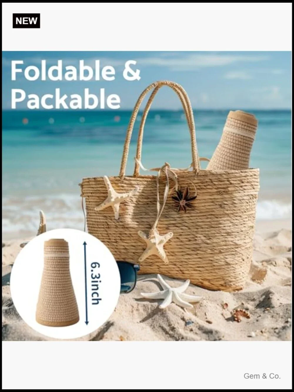 Wide Brim Sun Hat Roll-Up Beach Ponytail Visor Packable Travel